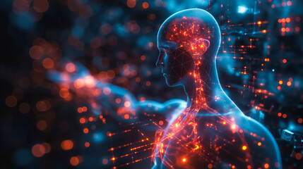 Poster - Future biotechnology concept represented by a holographic schematic of the human body, including neural and organ structures, on an abstract background with glowing light effects.