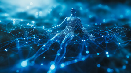 Poster - Future biotechnology concept represented by a holographic schematic of the human body, including neural and organ structures, on an abstract background with glowing light effects.