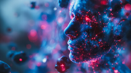 Poster - Abstract background with a hologram of the human body schematic, showcasing neural connections and organ structures in the head and brain.