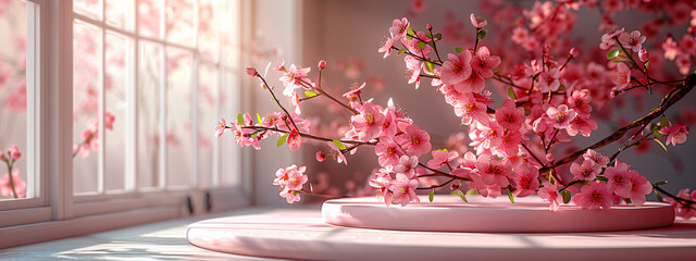 Wall Mural - Realistic abstract pink 3-D runway with flowers for showcasing merchandise. Product is demonstrated with rays of light on an empty display case. Pink background.