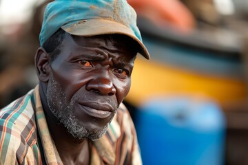 Wall Mural - Close-up of an older man with a contemplative expression, outdoor background with soft lighting