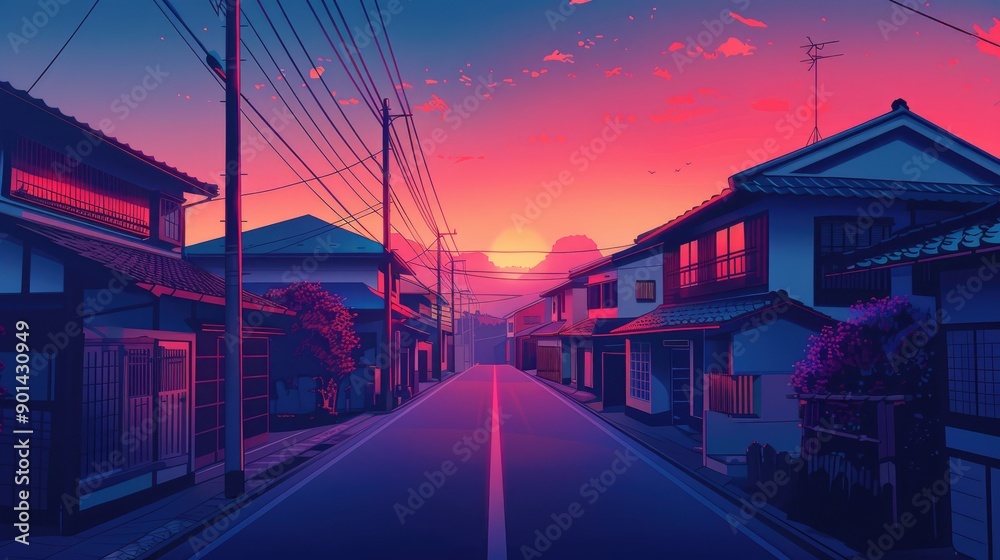 Digital illustration of a Japanese street at dawn, deserted urban road ...