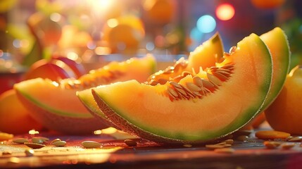 Poster -   Watermelon slices and sunflower seeds sit on top of a nearby table