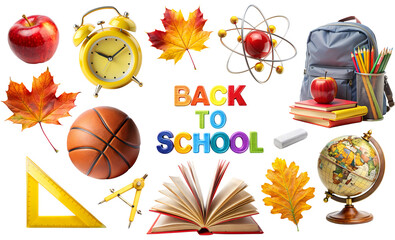 Wall Mural - Back to School banner, PNG Set of school elements isolated on white transparent background, png clipart. Back to School text surrounding stationery, textbook, word globe and student supplies