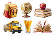 © оLeo Studio - Back to School PNG Set with school elements isolated on white transparent background, png element clipart. School yellow bus, world globe, bag and school books