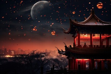 Poster - Chinese temple night astronomy outdoors.