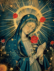 Wall Mural - Portrait of the heart and roses, holy mother Mary. AI generative.