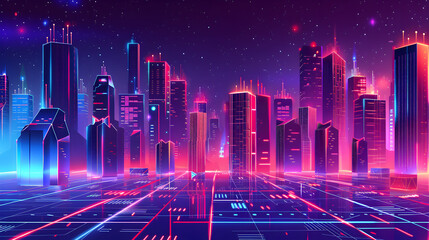 Wall Mural - Vector illustration urban architecture, cityscape with space and neon light effect. Modern hi-tech, science, futuristic technology concept. Generative Ai.