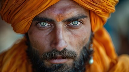 A close-up portrait of a person with intense eyes, wearing traditional orange attire and a turban, reflecting cultural and religious significance