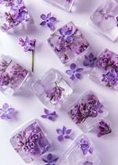 Poster -   A table with a cluster of purple flowers nestled on top and surrounded by ice cubes in white