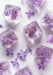 Canvas Print -  A collection of purple ice cubes filled with purple flowers, both inside and out