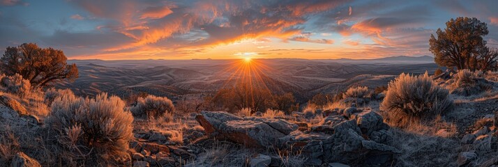 Wall Mural - A breathtaking sunset illuminates the expansive landscape with its golden hues, casting long shadows over the rolling hills and highlighting the diverse plant life in a serene natural setting