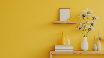 Aufkleber - A shelf unit displays books, vases, and photo frames neatly arranged against a calming pastel wall, creating an inviting atmosphere. Generative AI