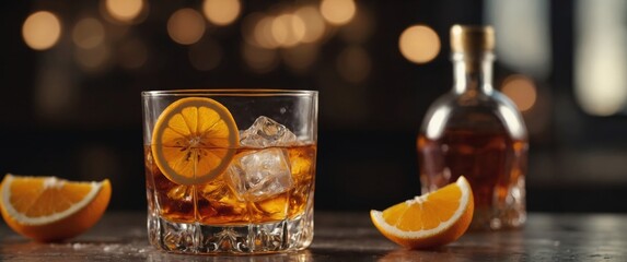 Wall Mural - Old fashioned rum drink on ice with orange zest garnish.