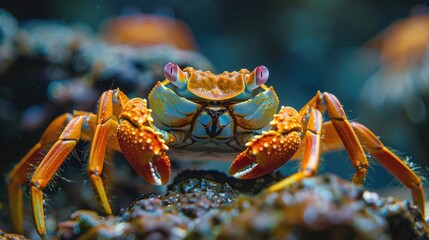 Wall Mural - Close-up of a colorful crab with detailed orange and blue markings on a rocky sea bed, exhibiting its vibrant and distinctive natural characteristics in an underwater marine environment