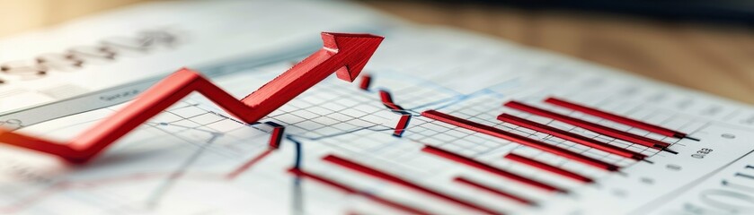 Financial graph with an upward red arrow indicating growth and success on a business report, highlighting profit increase and market progress.