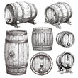 © ssstocker - wine barrel. wine grapes drink sketch drawing engraving ink line art, vector illustration