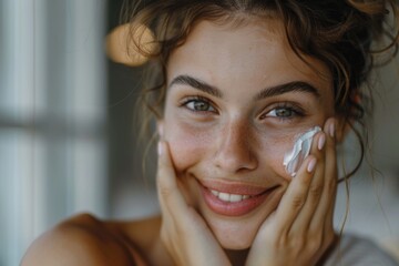 Daily beauty routine: Brazilian woman gently massaging cream onto her cheek, promoting skincare and wellness.