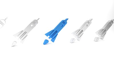 Poster - Blue Rocket ship with fire icon isolated on white background. Space travel. Minimalism concept. 3D render illustration