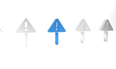 Poster - Blue Exclamation mark in triangle icon isolated on white background. Hazard warning sign, careful, attention, danger warning sign. Minimalism concept. 3D render illustration