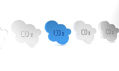 Sticker - Blue CO2 emissions in cloud icon isolated on white background. Carbon dioxide formula, smog pollution concept, environment concept. Minimalism concept. 3D render illustration