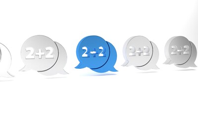 Poster - Blue Math system of equation solution on speech bubble icon isolated on white background. Minimalism concept. 3D render illustration