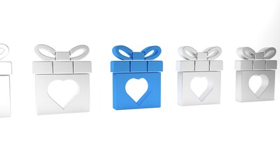 Canvas Print - Blue Gift box and heart icon isolated on white background. 8 March. International Happy Women Day. Minimalism concept. 3D render illustration