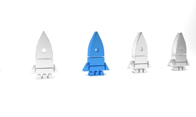 Poster - Blue Rocket ship icon isolated on white background. Space travel. Minimalism concept. 3D render illustration