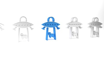 Poster - Blue UFO abducts cow icon isolated on white background. Flying saucer. Alien space ship. Futuristic unknown flying object. Minimalism concept. 3D render illustration