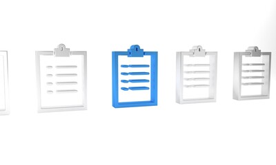 Poster - Blue Clipboard with checklist icon isolated on white background. Control list symbol. Survey poll or questionnaire feedback form. Minimalism concept. 3D render illustration