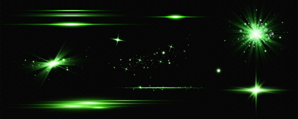 Wall Mural - vector illustration in green color. set of lighting effects. glare and flashes. bright rays of light