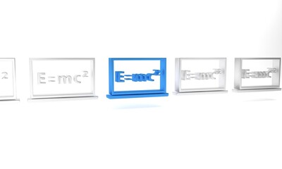 Poster - Blue Math system of equation solution on chalkboard icon isolated on white background. E equals mc squared equation on computer screen. Minimalism concept. 3D render illustration