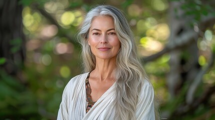 Wall Mural - A serene woman with long gray hair and a gentle smile, dressed in white, standing in a natural outdoor setting with blurred greenery in the background