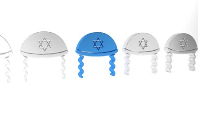 Poster - Blue Jewish kippah with star of david and sidelocks icon isolated on white background. Jewish yarmulke hat. Minimalism concept. 3D render illustration