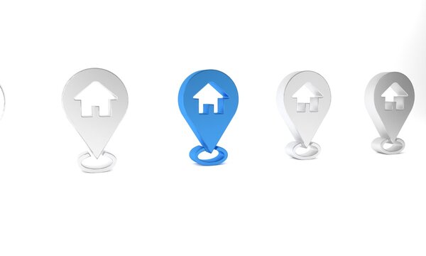 Blue Map pointer with house icon isolated on white background. Home location marker symbol. Minimalism concept. 3D render illustration