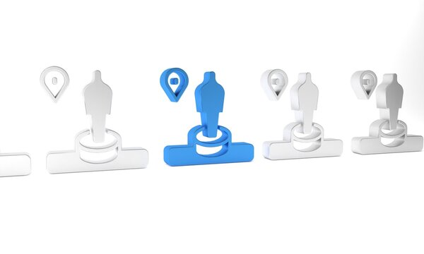 Blue Map pin and monument icon isolated on white background. Navigation, pointer, location, map, gps, direction, place, compass, search concept. Minimalism concept. 3D render illustration