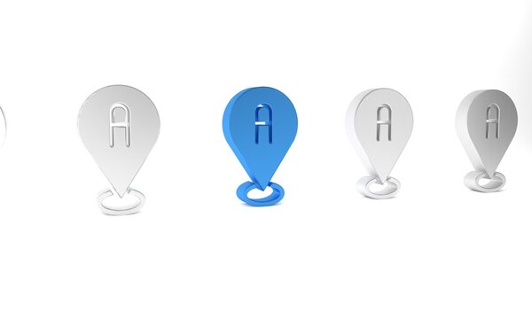 Blue Map pin icon isolated on white background. Navigation, pointer, location, map, gps, direction concept. Minimalism concept. 3D render illustration
