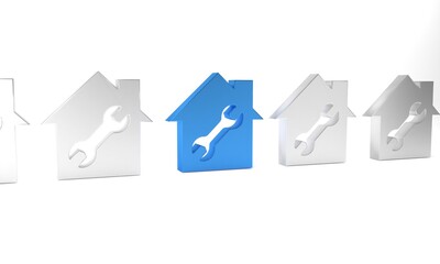 Sticker - Blue House or home with wrench icon isolated on white background. Adjusting, service, setting, maintenance, repair, fixing. Minimalism concept. 3D render illustration