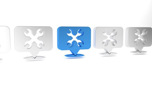 Blue Location with wrench spanner icon isolated on white background. Adjusting, service, setting, maintenance, repair, fixing. Minimalism concept. 3D render illustration