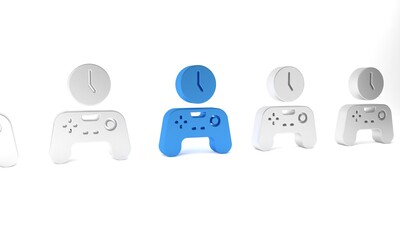 Poster - Blue Gamepad of time icon isolated on white background. Time to play games. Game controller. Minimalism concept. 3D render illustration
