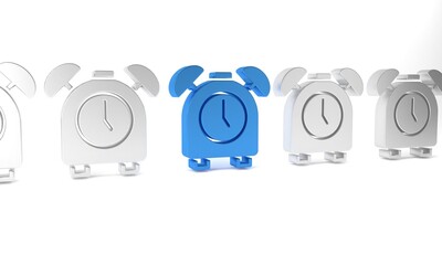 Poster - Blue Alarm clock icon isolated on white background. Wake up, get up concept. Time sign. Minimalism concept. 3D render illustration