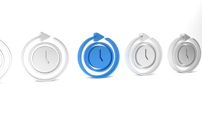 Poster - Blue Clock with arrow icon isolated on white background. Time symbol. Clockwise rotation icon arrow and time. Minimalism concept. 3D render illustration