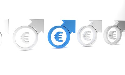 Poster - blue financial growth and euro coin icon isolated on white background. increasing revenue. minimalis