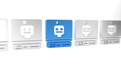Poster - Blue Robot icon isolated on white background. Artificial intelligence, machine learning, cloud computing. Minimalism concept. 3D render illustration