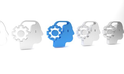 Poster - Blue Humanoid robot icon isolated on white background. Artificial intelligence, machine learning, cloud computing. Minimalism concept. 3D render illustration