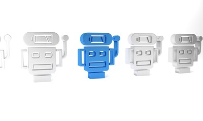 Poster - Blue Robot low battery charge icon isolated on white background. Artificial intelligence, machine learning, cloud computing. Minimalism concept. 3D render illustration