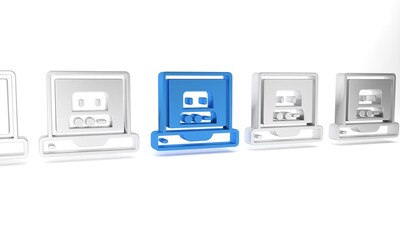 Poster - Blue Creating robot icon isolated on white background. Artificial intelligence, machine learning, cloud computing. Minimalism concept. 3D render illustration