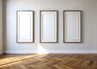 Elegant triptych picture frames in modern room interior design, featuring a clean white wall, wooden floor, and empty frames waiting for cherished memories to be displayed.