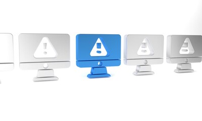 Poster - Blue Computer monitor with exclamation mark icon isolated on white background. Alert message smartphone notification. Minimalism concept. 3D render illustration
