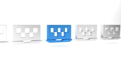 Wall Mural - Blue Laptop call taxi service icon isolated on white background. Minimalism concept. 3D render illustration